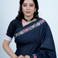 Navy Blue Floral Tasselled Cotton Saree for Women