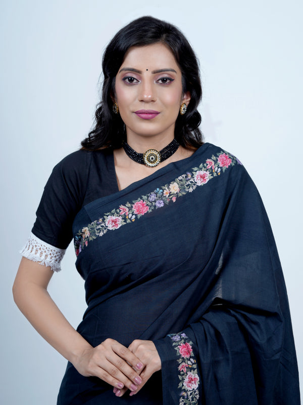 Navy Blue Floral Tasselled Cotton Saree for Women