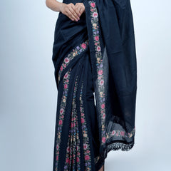 Navy Blue Floral Tasselled Cotton Saree for Women