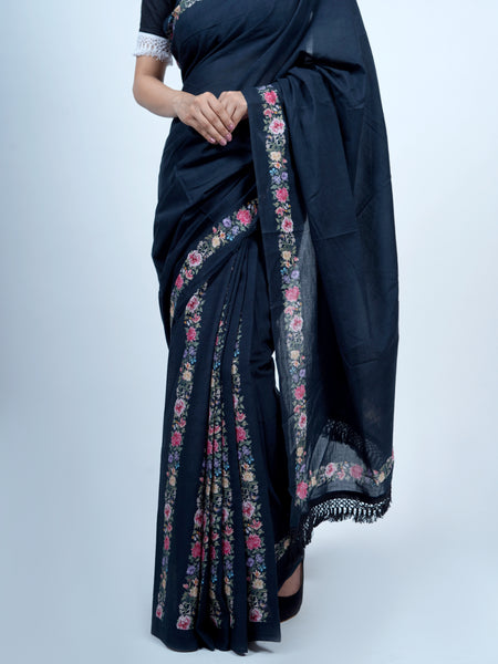Navy Blue Floral Tasselled Cotton Saree for Women