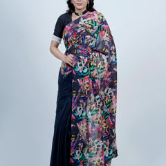 Navy Blue Floral Printed Cotton Saree for Women