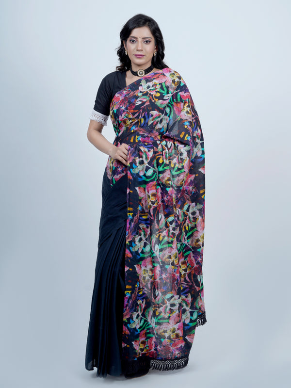Navy Blue Floral Printed Cotton Saree for Women