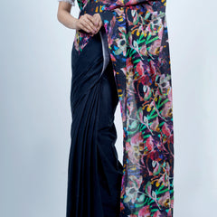 Navy Blue Floral Printed Cotton Saree for Women
