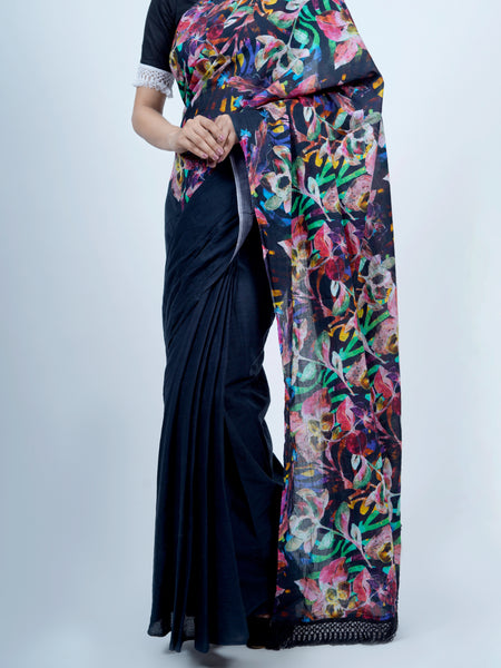 Navy Blue Floral Printed Cotton Saree for Women