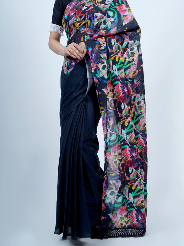 Navy Blue Floral Printed Cotton Saree for Women