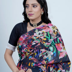 Navy Blue Floral Printed Cotton Saree for Women