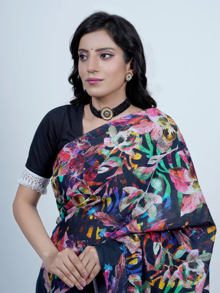 Navy Blue Floral Printed Cotton Saree for Women