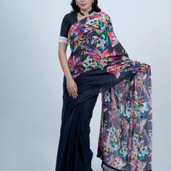 Navy Blue Floral Printed Cotton Saree for Women