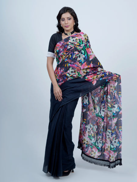 Navy Blue Floral Printed Cotton Saree for Women