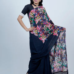 Navy Blue Floral Printed Cotton Saree for Women