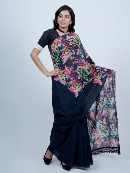 Navy Blue Floral Printed Cotton Saree for Women