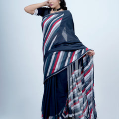 Navy Blue Striped Printed Cotton Saree for Women