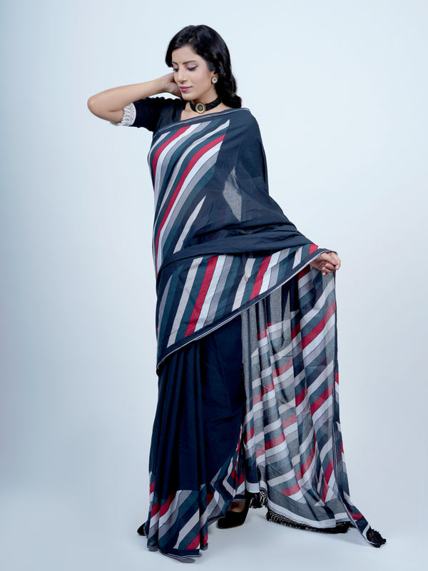 Navy Blue Striped Printed Cotton Saree for Women