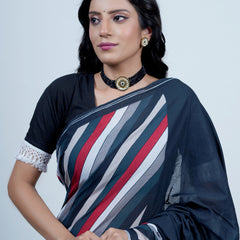 Navy Blue Striped Printed Cotton Saree for Women