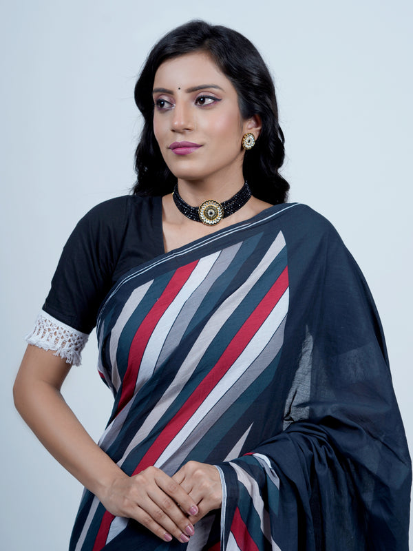 Navy Blue Striped Printed Cotton Saree for Women