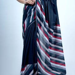 Navy Blue Striped Printed Cotton Saree for Women