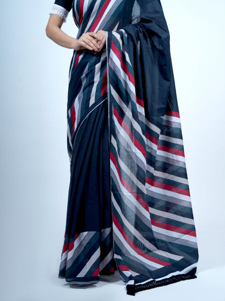 Navy Blue Striped Printed Cotton Saree for Women