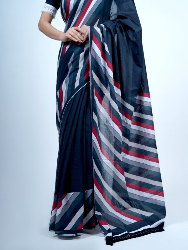 Navy Blue Striped Printed Cotton Saree for Women