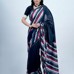 Navy Blue Striped Printed Cotton Saree for Women