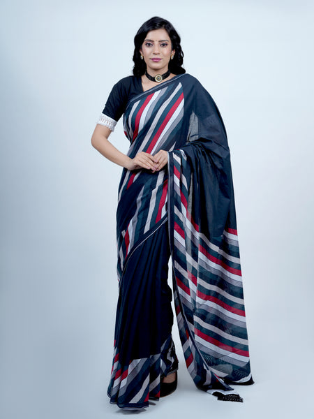 Navy Blue Striped Printed Cotton Saree for Women