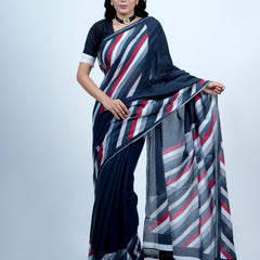 Navy Blue Striped Printed Cotton Saree for Women