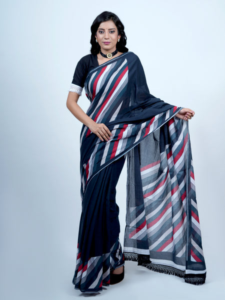 Navy Blue Striped Printed Cotton Saree for Women