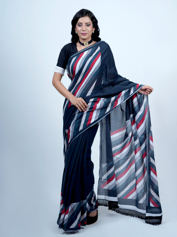 Navy Blue Striped Printed Cotton Saree for Women