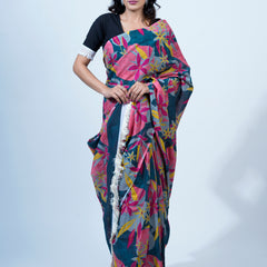 Pink Floral Printed Pure Cotton Saree for Women