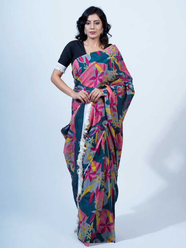 Pink Floral Printed Pure Cotton Saree for Women