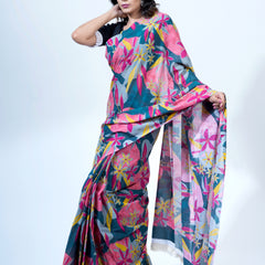 Pink Floral Printed Pure Cotton Saree for Women