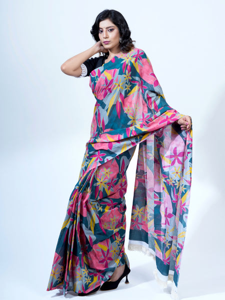 Pink Floral Printed Pure Cotton Saree for Women
