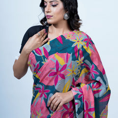 Pink Floral Printed Pure Cotton Saree for Women