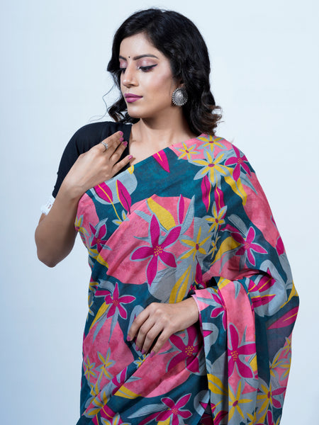 Pink Floral Printed Pure Cotton Saree for Women