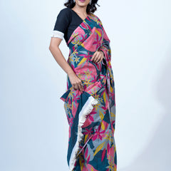 Pink Floral Printed Pure Cotton Saree for Women