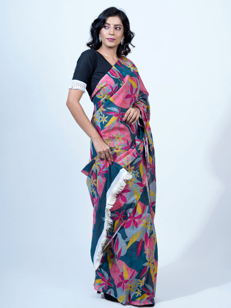 Pink Floral Printed Pure Cotton Saree for Women