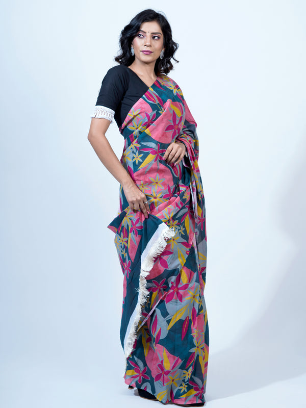 Pink Floral Printed Pure Cotton Saree for Women