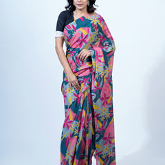 Pink Floral Printed Pure Cotton Saree for Women
