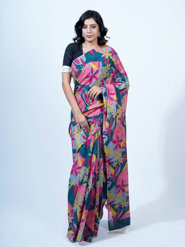 Pink Floral Printed Pure Cotton Saree for Women