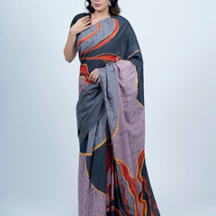 Grey Batik Printed Pure Cotton Saree for Women