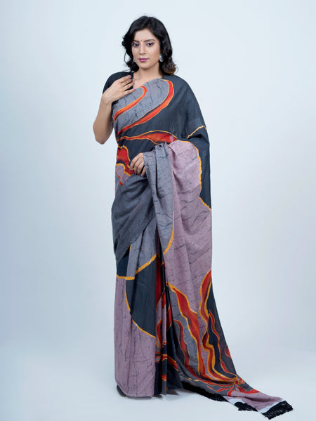 Grey Batik Printed Pure Cotton Saree for Women