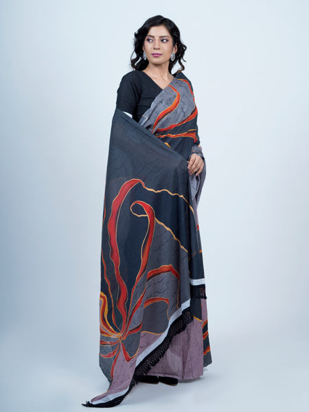 Grey Batik Printed Pure Cotton Saree for Women