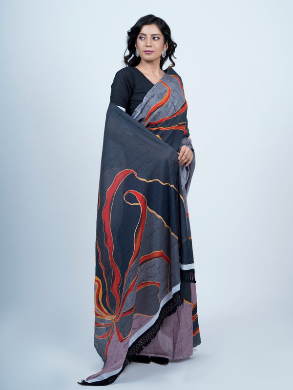 Grey Batik Printed Pure Cotton Saree for Women