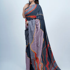 Grey Batik Printed Pure Cotton Saree for Women