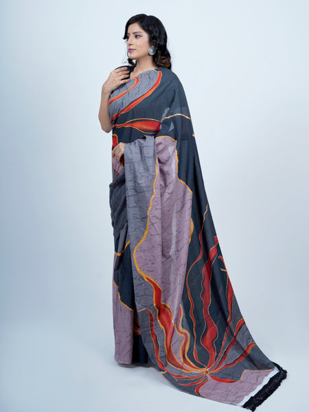 Grey Batik Printed Pure Cotton Saree for Women