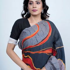 Grey Batik Printed Pure Cotton Saree for Women