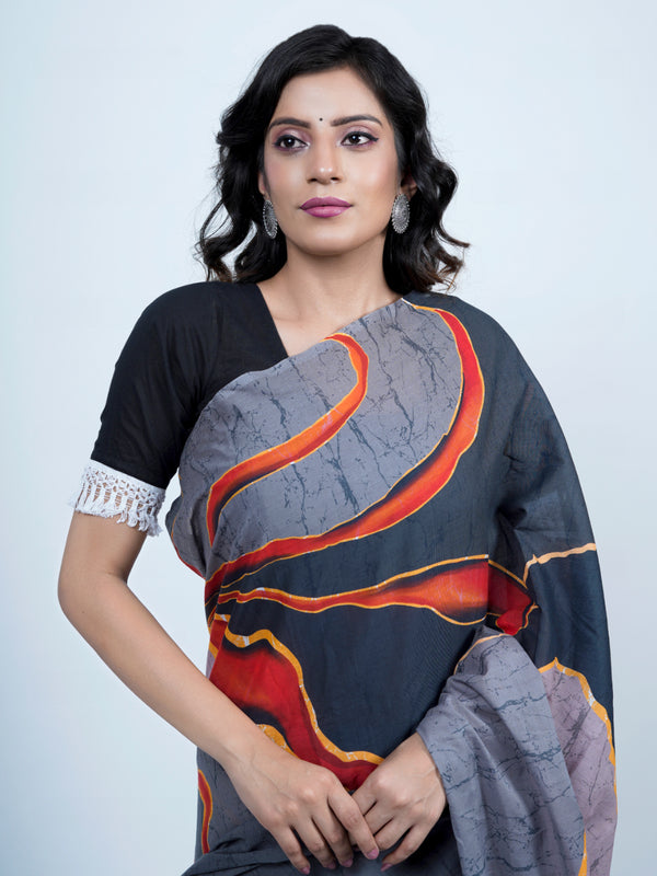 Grey Batik Printed Pure Cotton Saree for Women