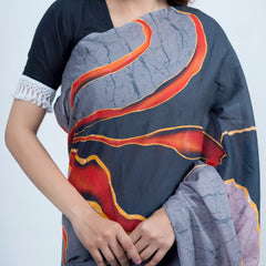 Grey Batik Printed Pure Cotton Saree for Women