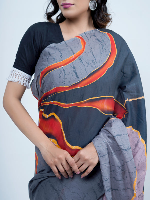 Grey Batik Printed Pure Cotton Saree for Women
