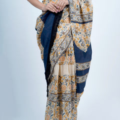 Beige Floral Printed Cotton Saree for Women