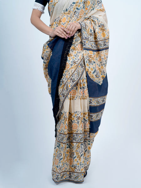 Beige Floral Printed Cotton Saree for Women